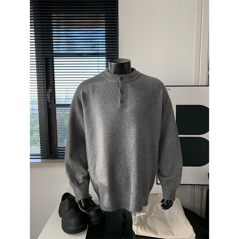 Herren Oversize-Strickpullover mit Henley-Kragen und Halbknopfleiste Drune