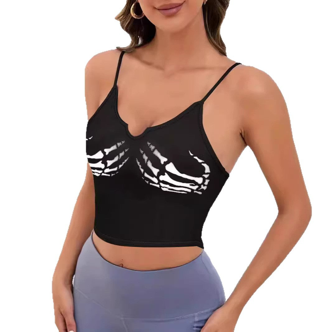 Damen Sportliches Crop-Top mit kreativem Skelett-Design Drune