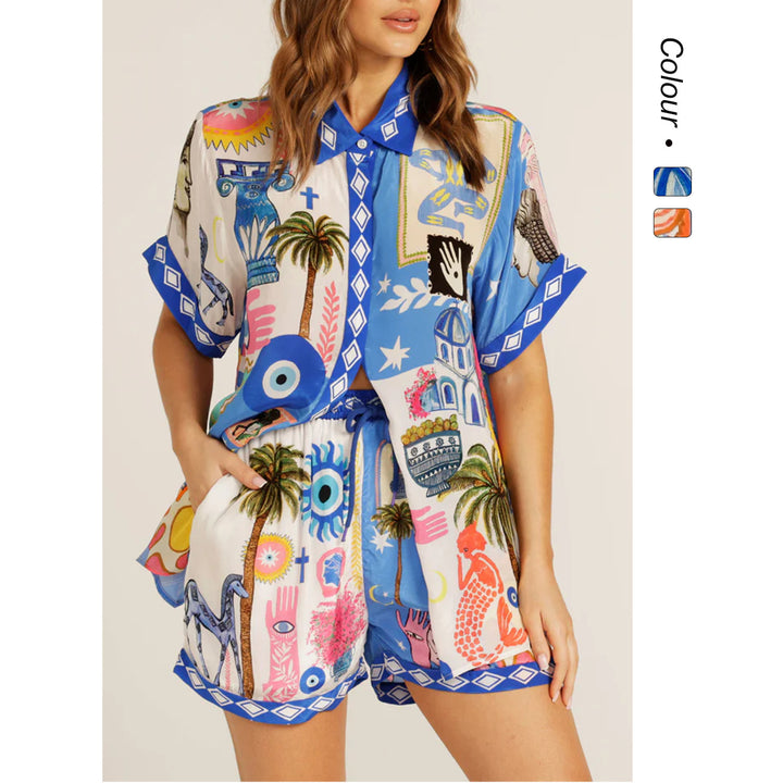 Damen Set aus leichtem, bedrucktem Kurzarmhemd und Shorts mit buntem Design Drune