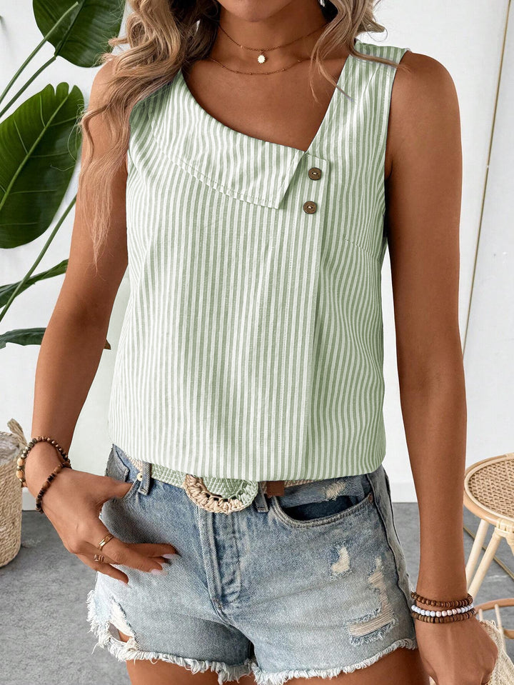 Damen Ärmelloses gestreiftes Cropped-Leinen-Top mit asymmetrischem Kragen und Zierknöpfen Drune