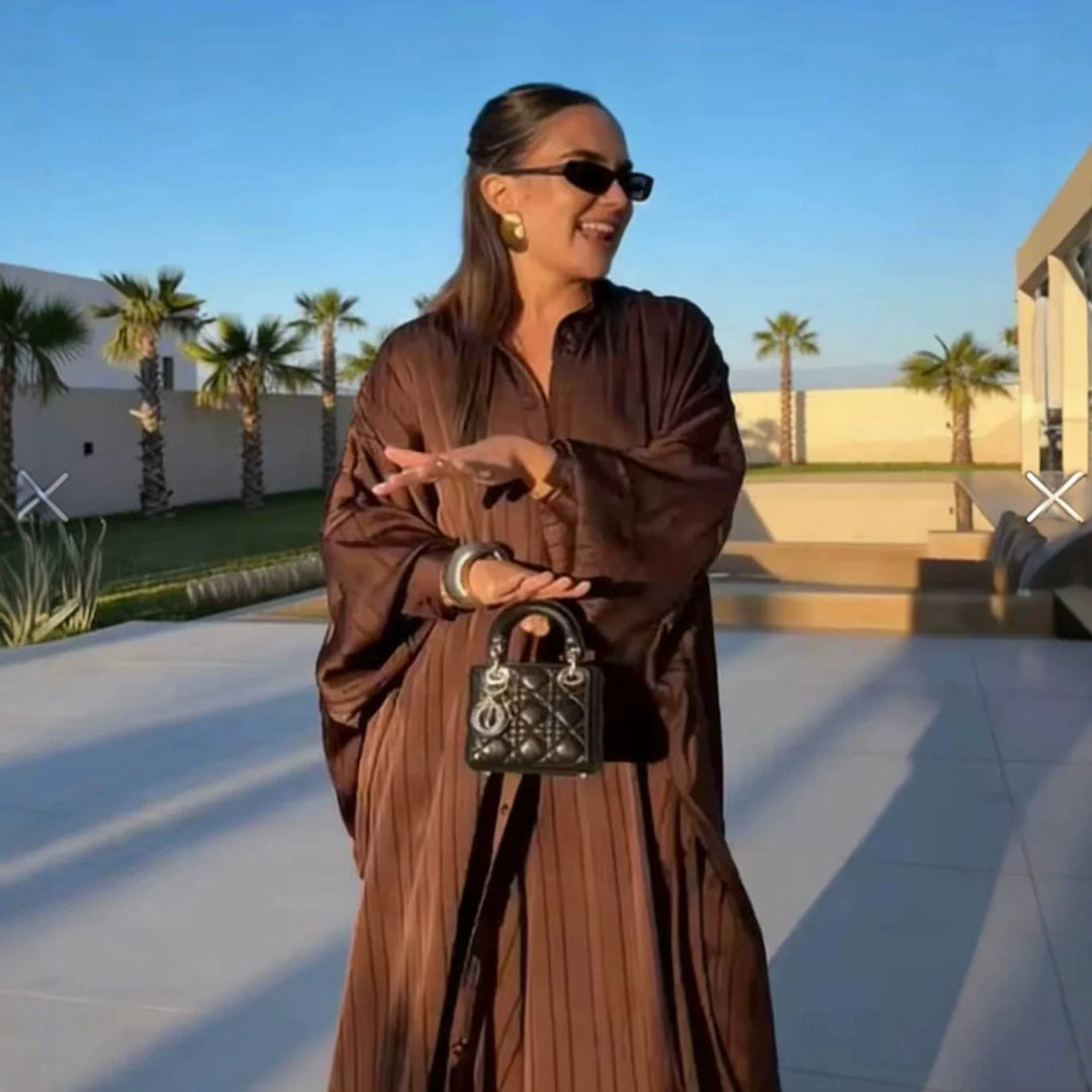 Damen Maxikleid im Plissee-Kaftanstil mit Oversize-Ärmeln und Knopfleiste Drune