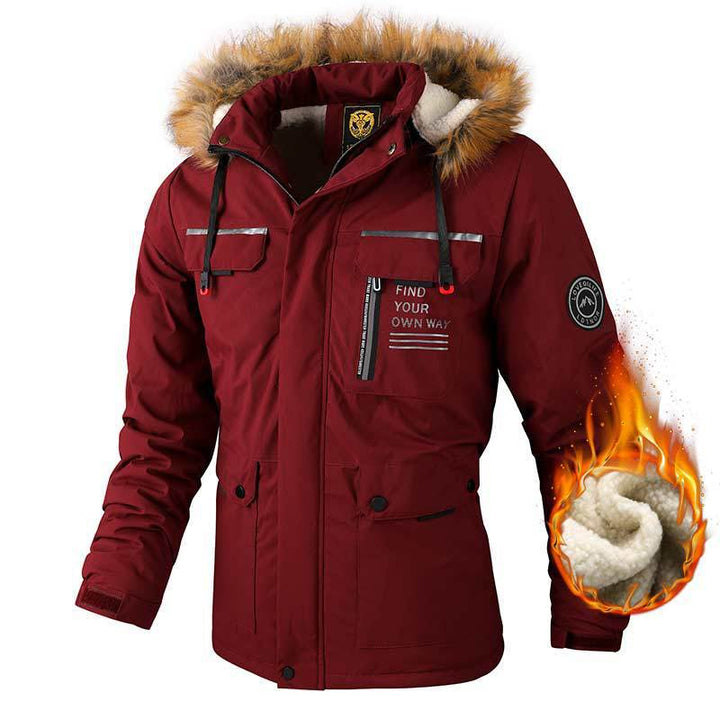 Herren nan wasserdichter Winterparka mit Teddyfutter, abnehmbarer Kunstfellkapuze und multifunktionalen Reißverschluss- und Klappentaschen Drune