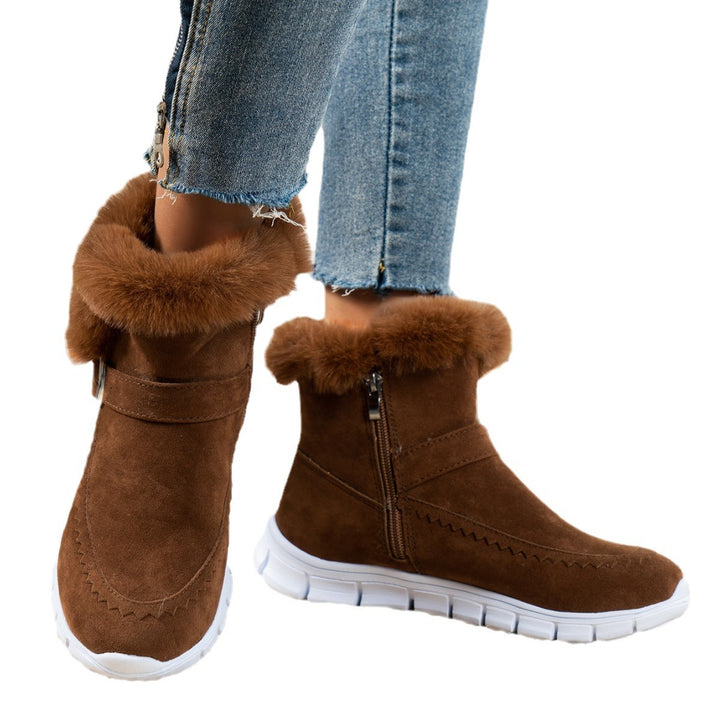 Damen nan gefütterte Kurzstiefel mit Kunstfellbesatz, Velourslederoptik, seitlichem Reißverschluss, dekorativer Metallschnalle und profilierter Lightweight-Sohle Drune