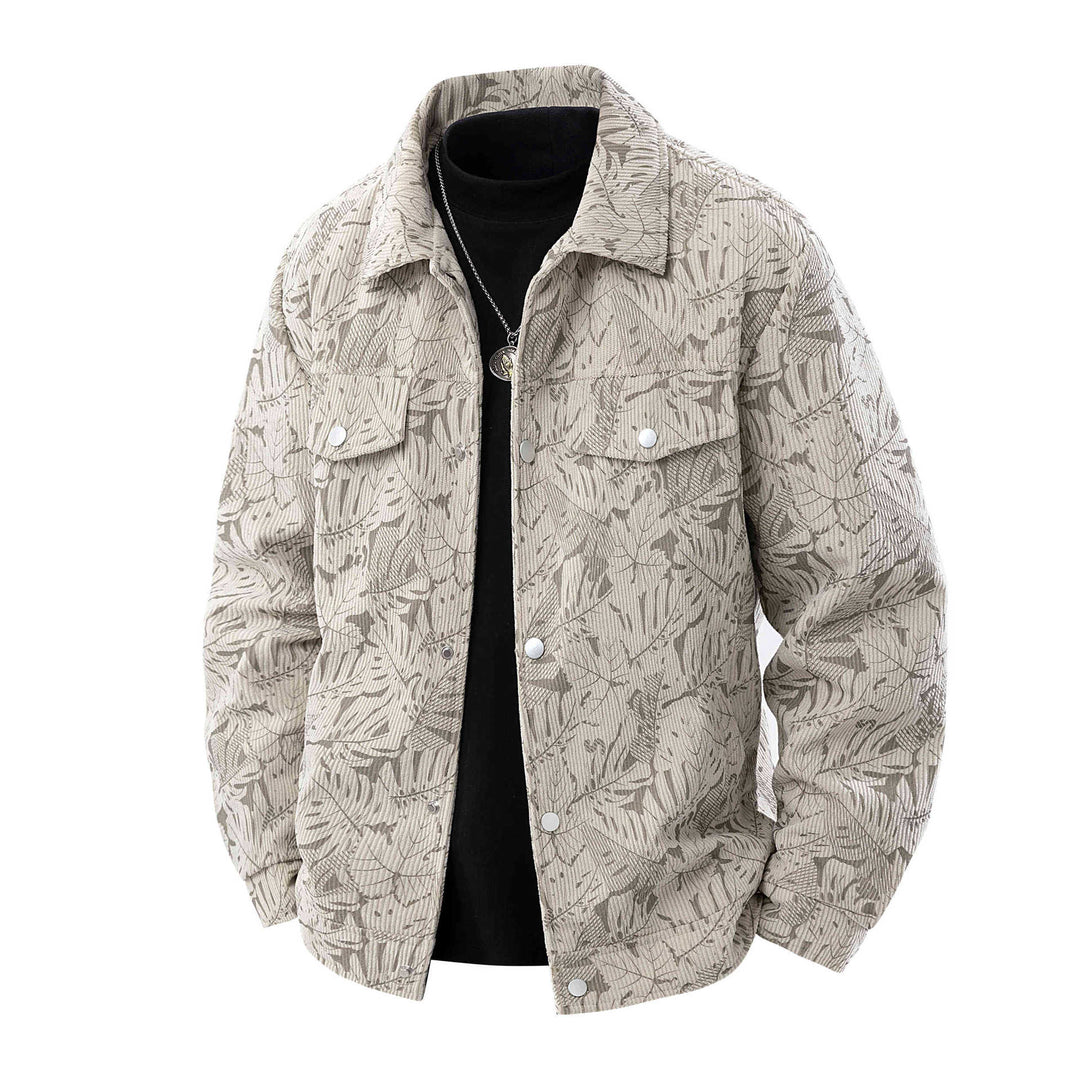 Herren Kordjacke im Truckerstil mit tonalem Blattmuster, Druckknopf‑Front und Pattentaschen Drune