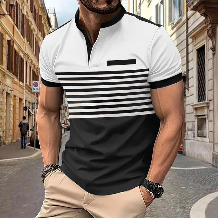 Herren nan kurzärmeliges Henley-Oberteil mit kurzer Knopfleiste, Brustpaspel und Blockstreifen Drune