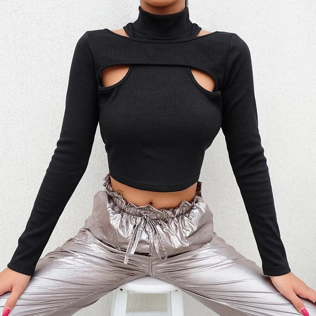 Damen trendiges Oberteil mit Cut-Outs und hohem Kragen Drune