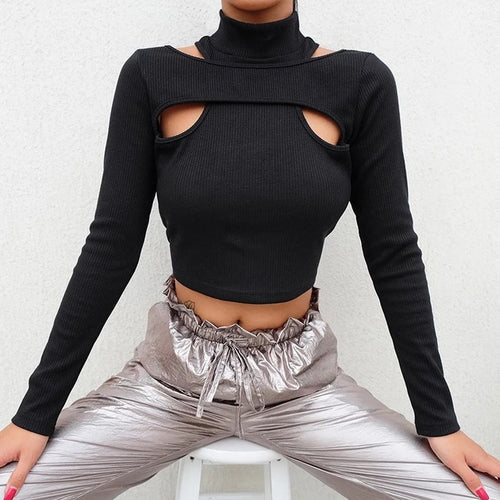 Damen trendiges Oberteil mit Cut-Outs und hohem Kragen Drune