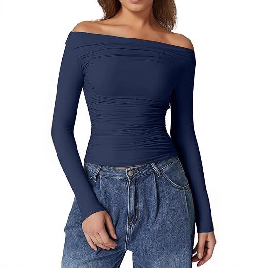 Damen Schulterfreies tailliertes Stretch-Longsleeve mit Raffung und figurbetonter Silhouette Drune