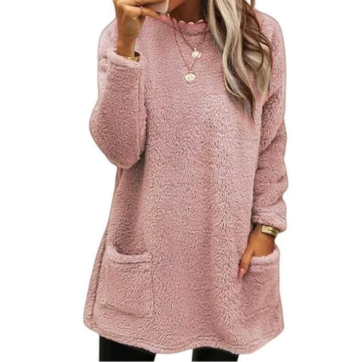 Damen nan kuscheliger langer Teddy-Pullover Oversize mit Rundhalsausschnitt und Eingrifftaschen Drune