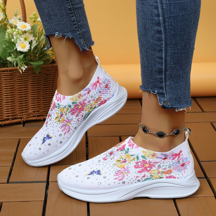 Damen Slip-On Strick-Sneaker mit elastischem Schaft, Blumenprint und Strassbesatz Drune