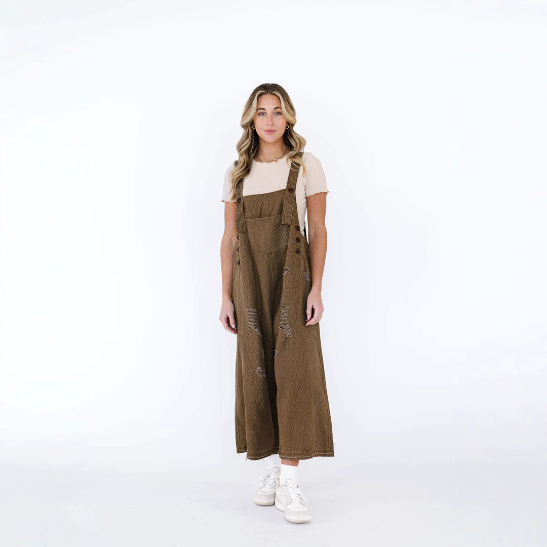 Damen nan lässige verwaschene Latzhose aus Jeansstoff mit Rissen und weitem Bein Drune