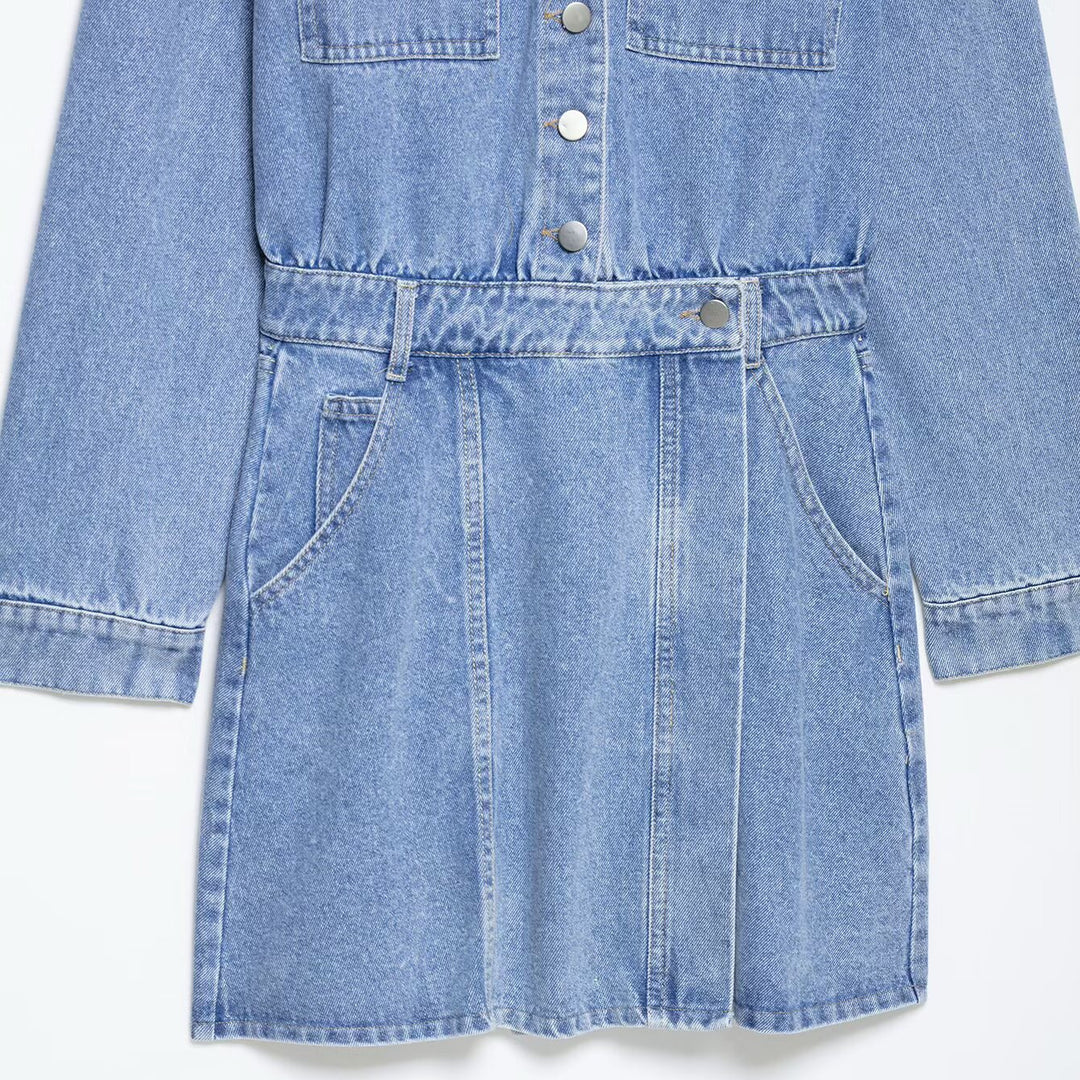 Damen Jeanskleid mit Hemdblusenkragen Taillengürtel und aufgesetzten Taschen Drune