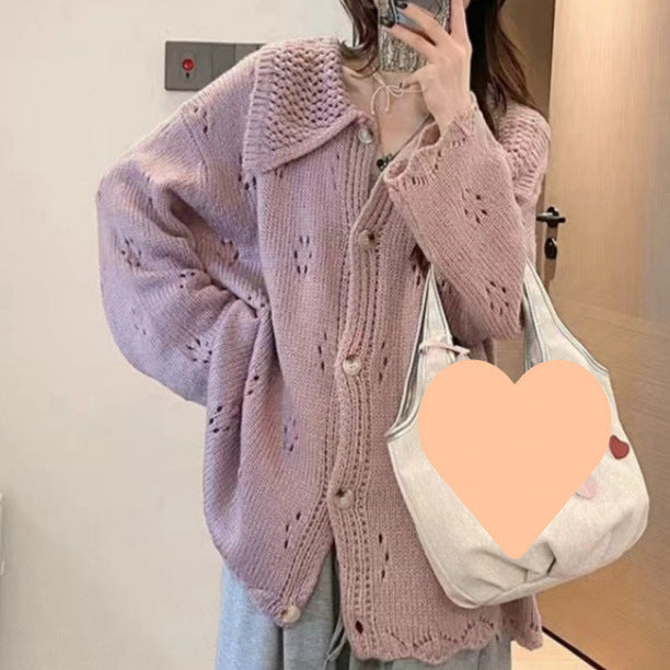 Damen Strickjacke mit floralem Lochmuster und großem Kragen Drune