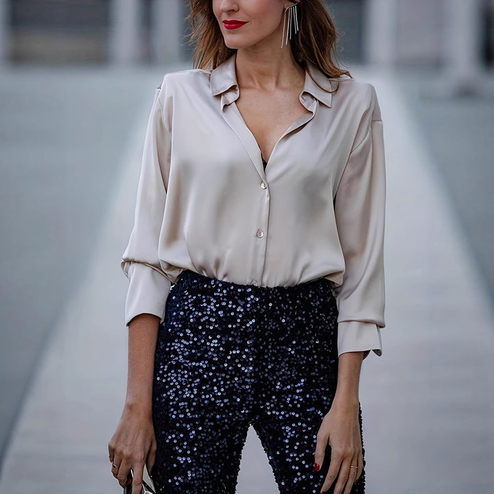 Damen elegante Seidenbluse mit minimalistischen Knopfdetails Drune
