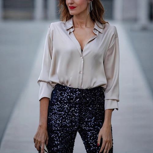 Damen elegante Seidenbluse mit minimalistischen Knopfdetails Drune