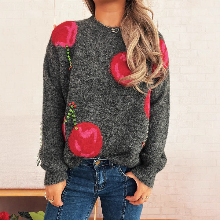 Damen kuscheliger Strickpullover mit floralen Applikationen und funkelnden Akzenten Drune