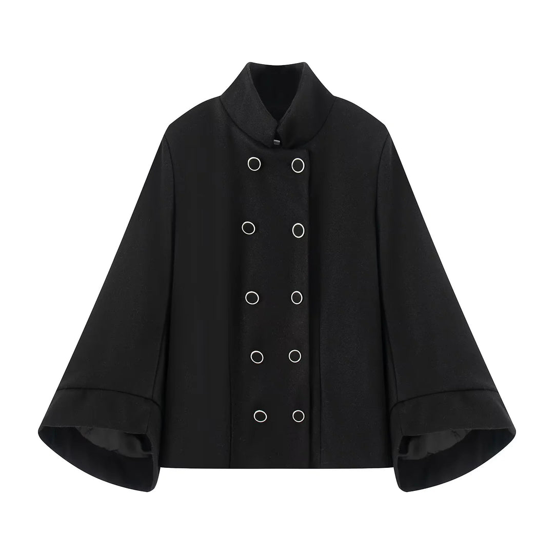 Damen nan kastiger zweireihiger Cape-Mantel mit weiten Glockenärmeln und Stehkragen Drune