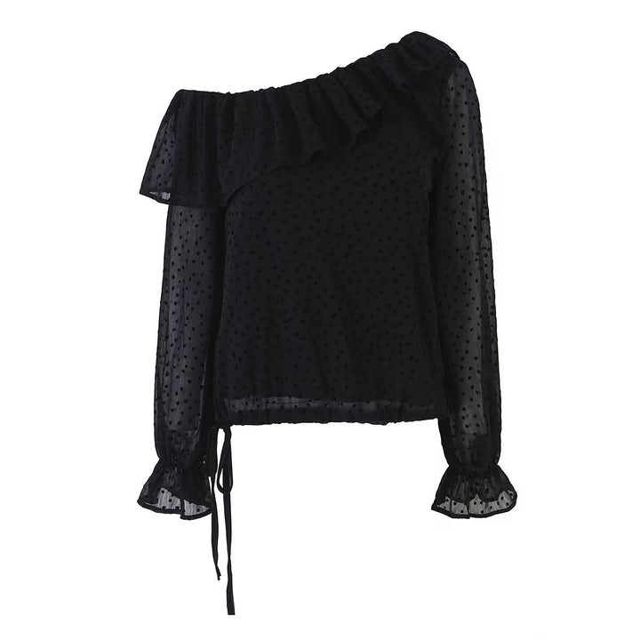 Damen Schulterfreie Chiffonbluse mit Volantkragen und transparenten Puffärmeln Drune