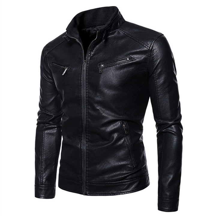 Herren Figurbetonte Kunstleder-Bikerjacke mit Stehkragen und Reißverschlusstaschen Drune