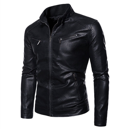 Herren Figurbetonte Kunstleder-Bikerjacke mit Stehkragen und Reißverschlusstaschen Drune