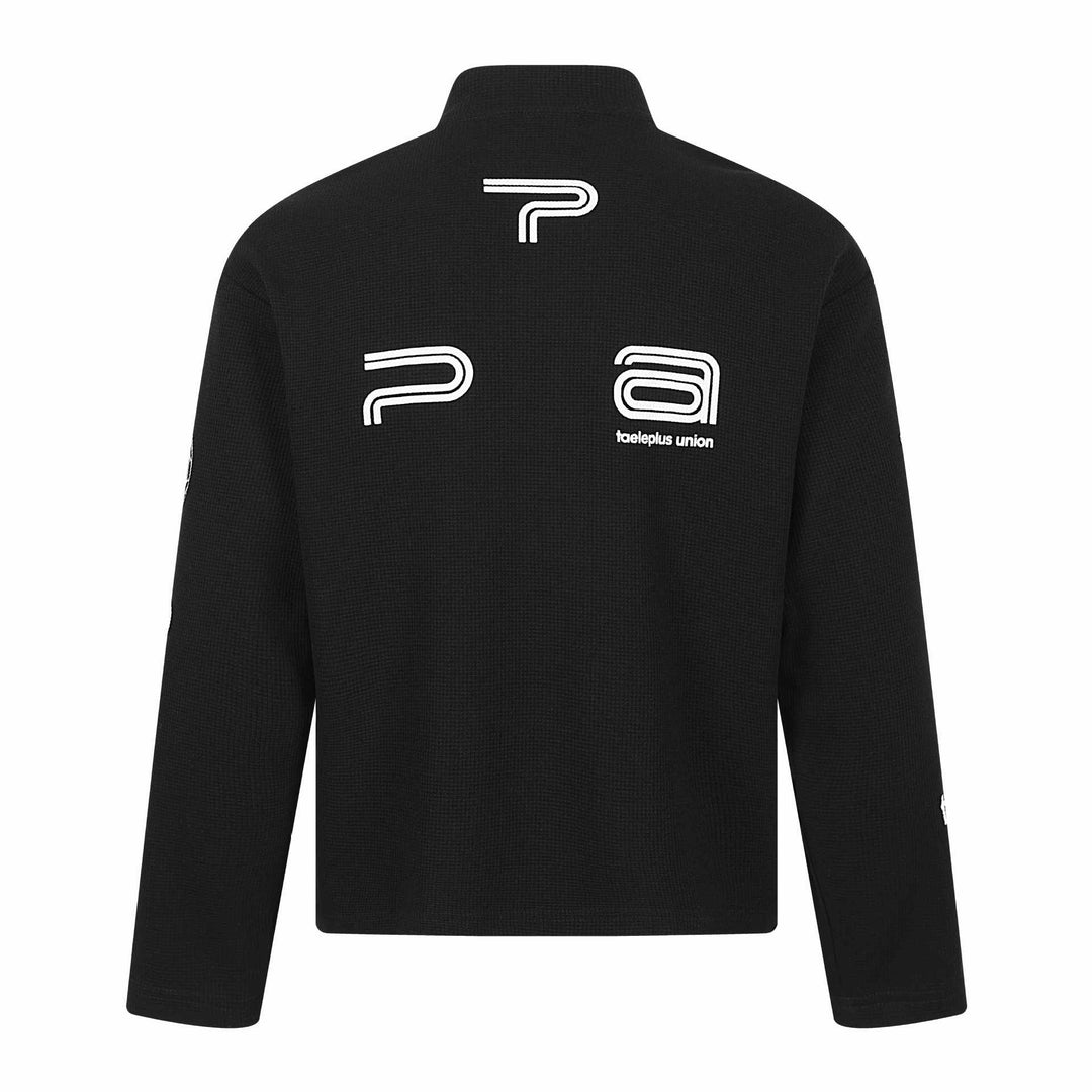 Unisex Thermo‑Waffel-Halbzip mit Stehkragen und Allover-Logoprint Drune