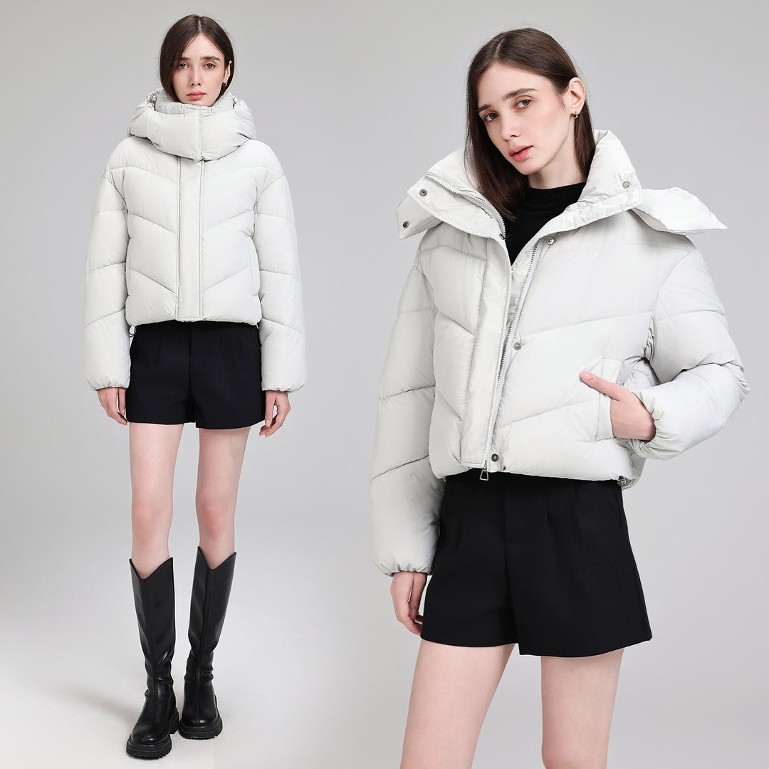 Damen Kurze Pufferjacke mit voluminösem Stehkragen und abnehmbarer Kragenkapuze Drune