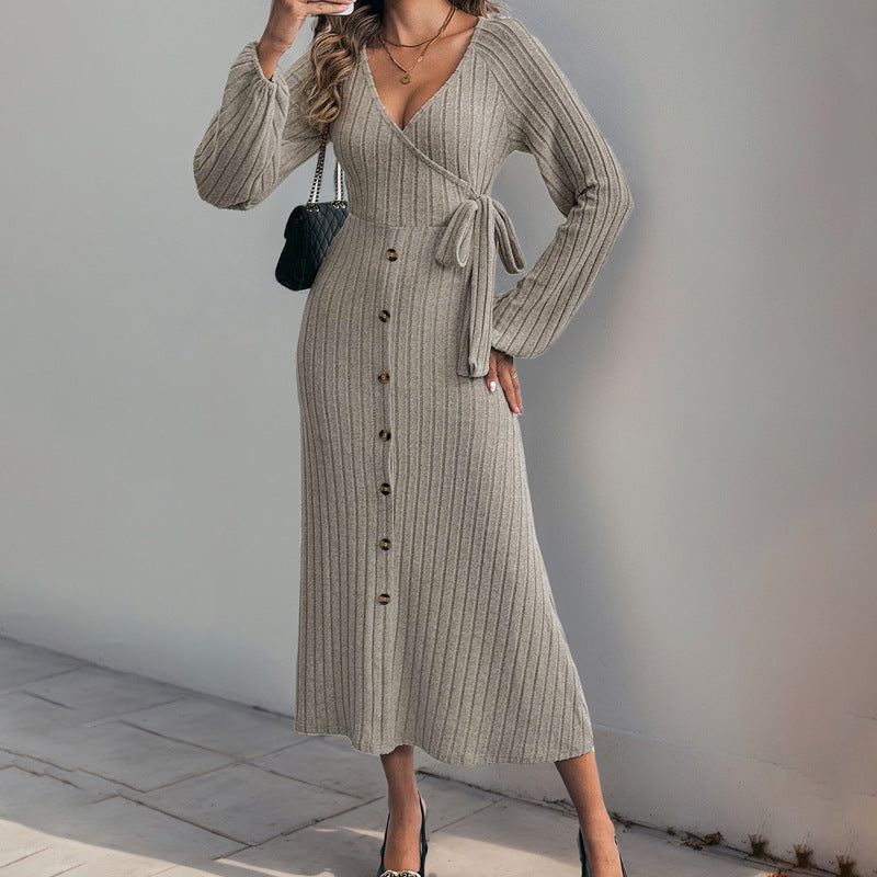 Damen Geripptes Wickel-Midikleid mit V-Ausschnitt, Ballonärmeln & Knopfleiste Drune