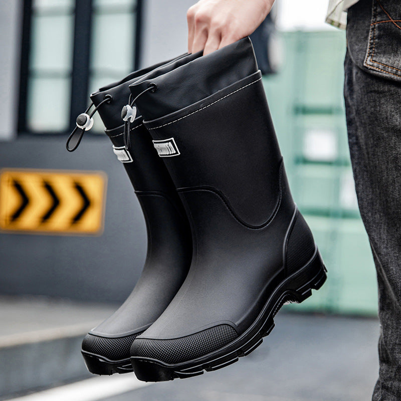 Herren wasserdichte Arbeits- und Regen-Gummistiefel mit verstellbarem Kordelabschluss und rutschfester Profilsohle Drune