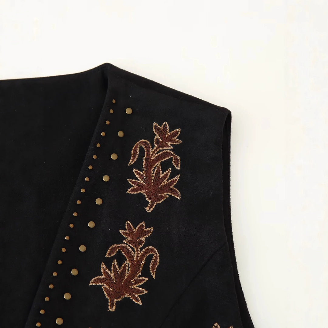 Damen nan bestickte taillierte Weste mit floraler Stickerei, Metallnieten und Bindeband Drune
