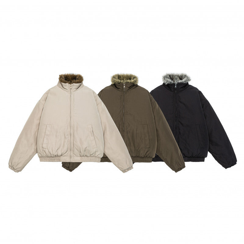 Damen Oversize wattierte Bomberjacke mit elastischem Saum und Kunstfellbesatz Drune