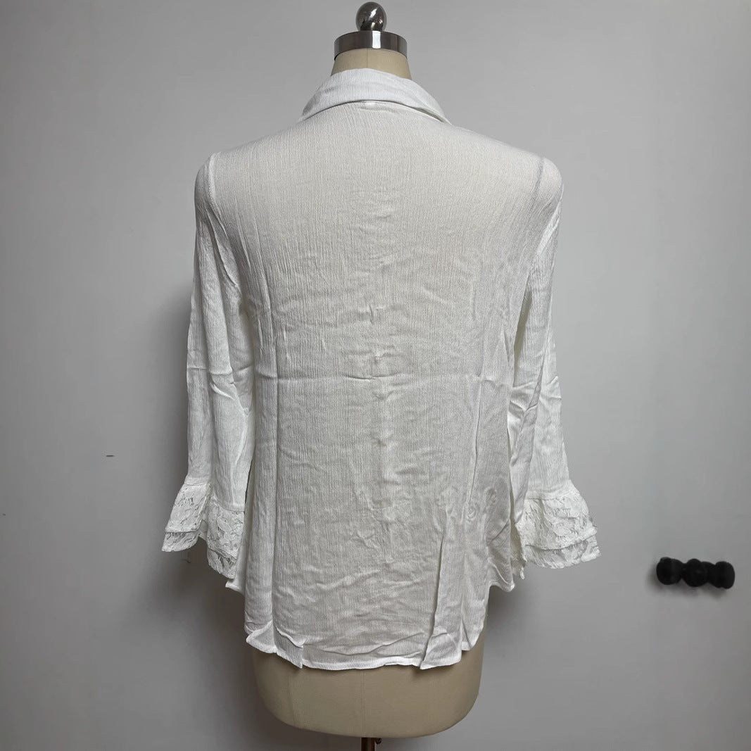 Damen nan halbtransparente gekreppte Bluse mit Spitzenpasse, stoffbezogenen Knöpfen und Dreiviertel-Volantärmeln Drune