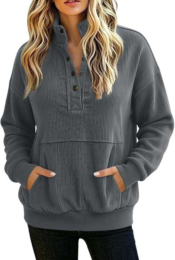 Damen gerippter Henley-Pullover mit Stehkragen und Kängurutasche Drune
