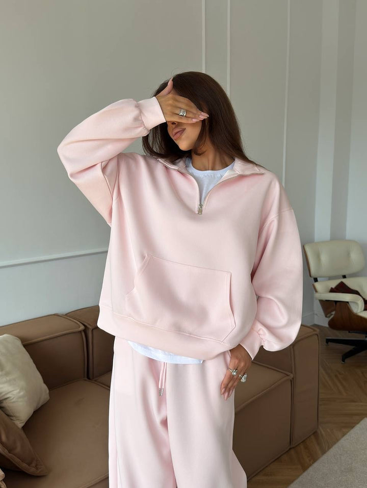 Damen Bequeme und elegante Langarm-Pullover mit Reißverschluss und weiten Jogginghose Drune