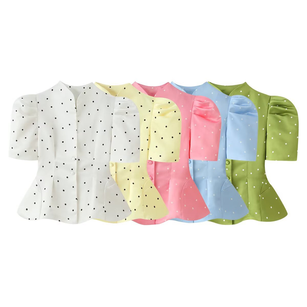 Damen Polka-Dot Bluse mit Stehkragen, Puffärmeln und tailliertem Schößchen Drune