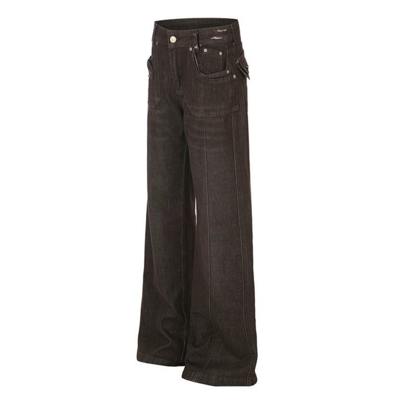 Damen Weite High‑Waist Denimhose mit geradem Bein und Utility‑Pattentaschen Drune
