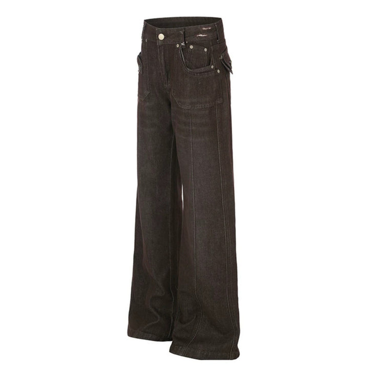 Damen Weite High‑Waist Denimhose mit geradem Bein und Utility‑Pattentaschen Drune