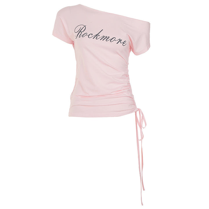 Damen Off-Shoulder T-Shirt mit Raffungen und modischem Schriftzug Drune