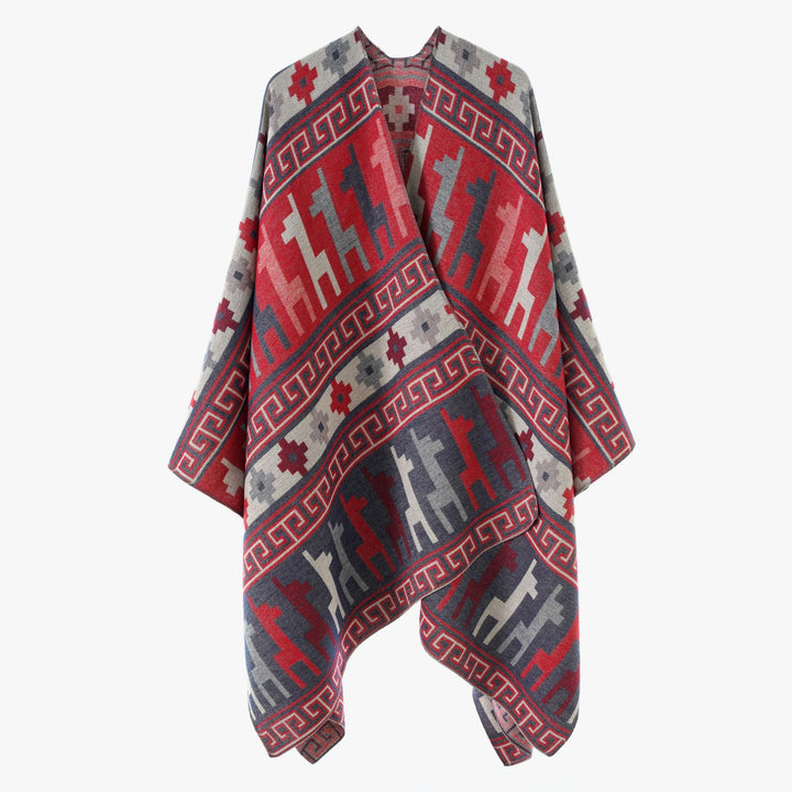 Damen Cape-Überwurf aus Jacquard-Strick mit Tier- und Ethno-Motiv Drune