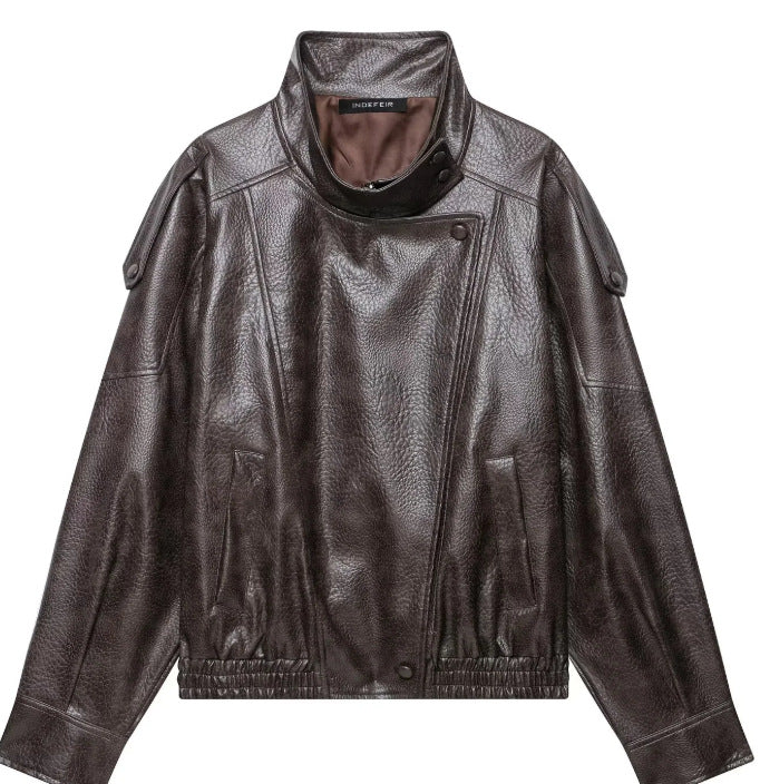 Damen Cropped Kunstleder‑Bomber mit asymmetrischer Druckknopfblende und Funnelkragen Drune