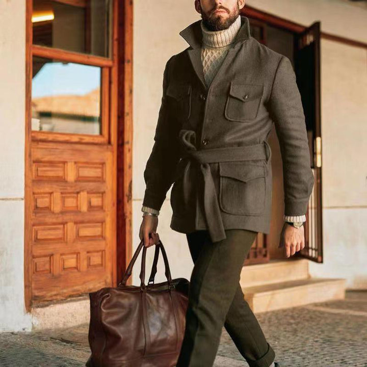 Herren multifunktionale Wool-Jacke mit Gürtel und Taschen Drune
