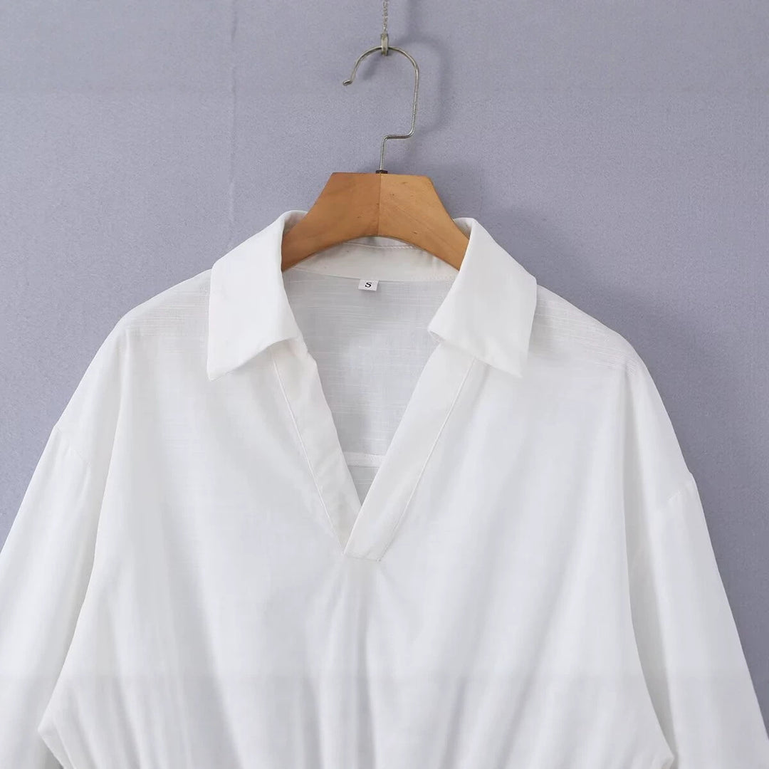 Damen Weite Bluse mit V‑Ausschnitt, Hemdkragen und gerafftem Hoch-Tief-Saum Drune