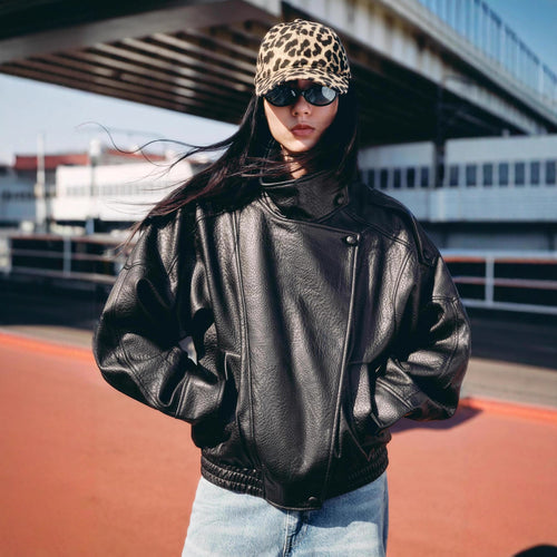 Damen Kurze Boxy-Jacke aus Lederoptik mit hohem Stehkragen und elastischem Saum Drune