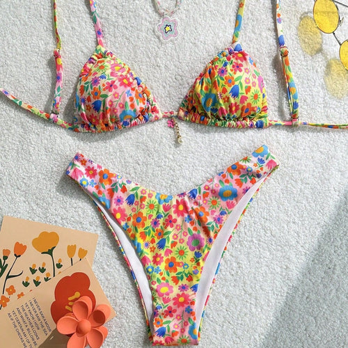 Damen Triangel-Bikini mit buntem Floral-Design und feinen Rüschendetails Drune