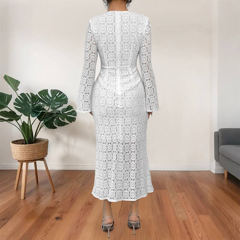 Damen Midikleid aus Häkelspitze mit taillierter Silhouette, Trompetenärmeln und ausgestelltem Saum Drune