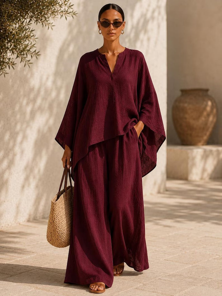 Damen Leichte Leinenmischung Übergroße Kaftan-Oberteil und Kordelzug Weitbein-Hosen Set Drune