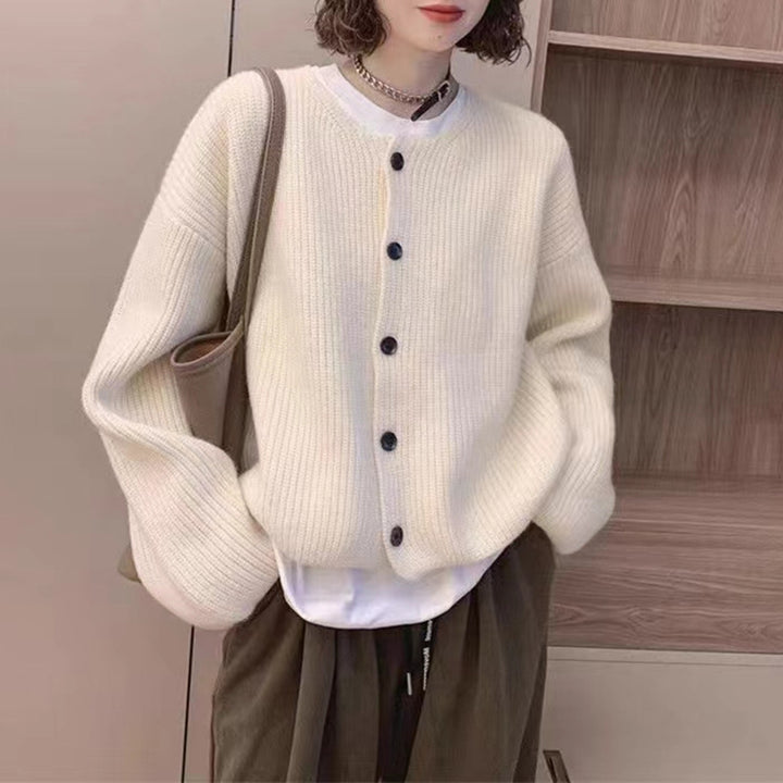 Damen lässige Strickjacke mit vorne offenen Knöpfen und ballonförmigen Ärmeln Drune