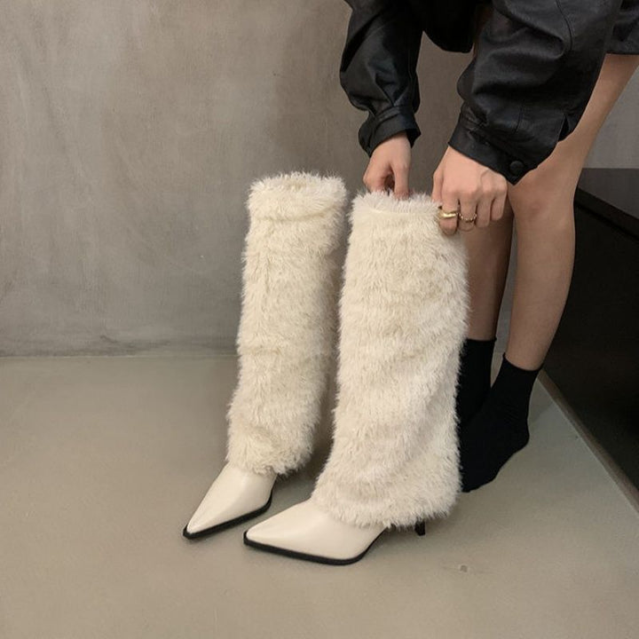 Damen spitz zulaufende Stiefel mit hohem Kunstfell‑Schaft und geformtem Kittenabsatz Drune