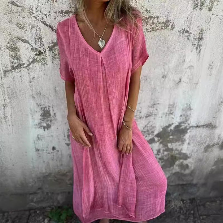 Damen Leichtes Sommerkleid mit V-Ausschnitt und weiten Ärmeln Drune