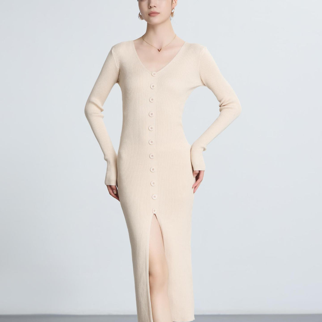 Damen Langärmliges Maxikleid mit Rippstruktur und Knopfdetail Drune