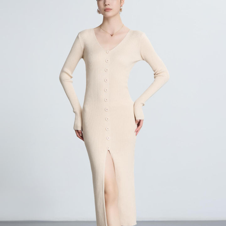 Damen Langarm-Strickkleid mit V-Ausschnitt und durchgehender Knopfleiste Drune